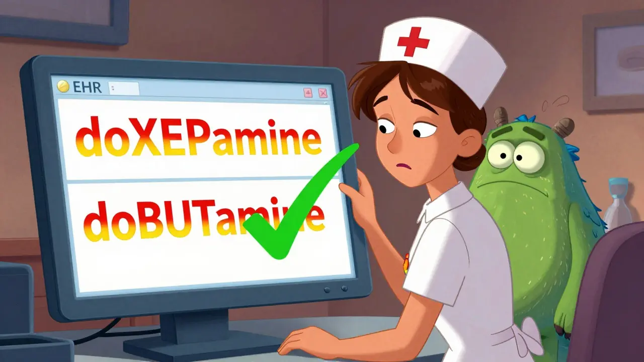 Nurse at computer screen with pulsing drug names and a sleepy alert fatigue monster.