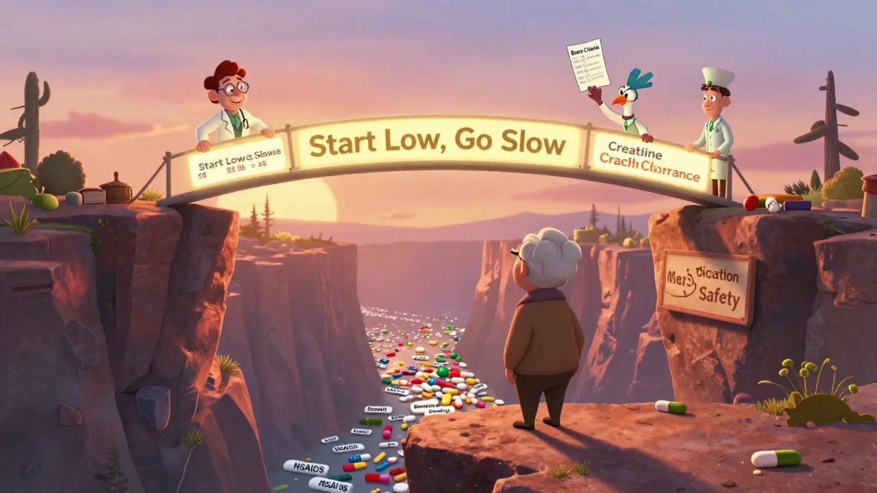 Older adult facing a canyon of dangerous meds, guided by a bridge of safety tips and medical checklists.