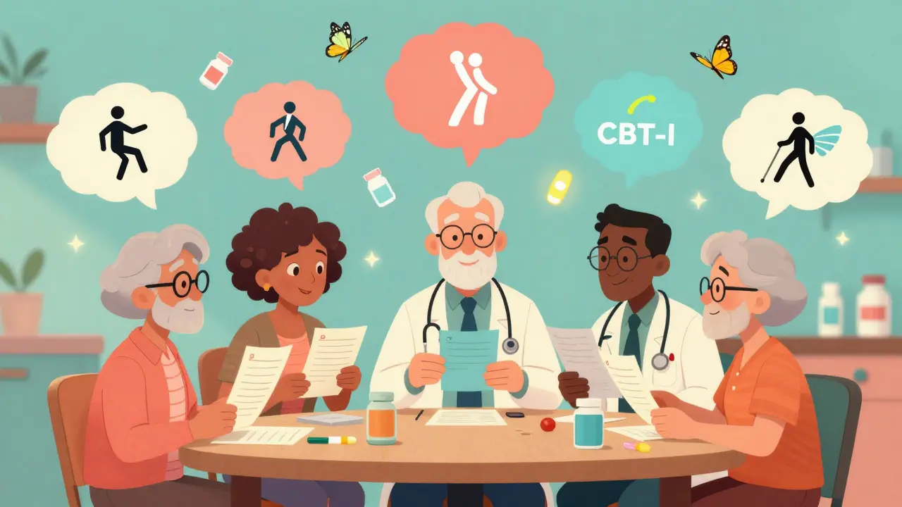 Older adults and healthcare providers reviewing meds at a table, with falling figures turning into safe alternatives.