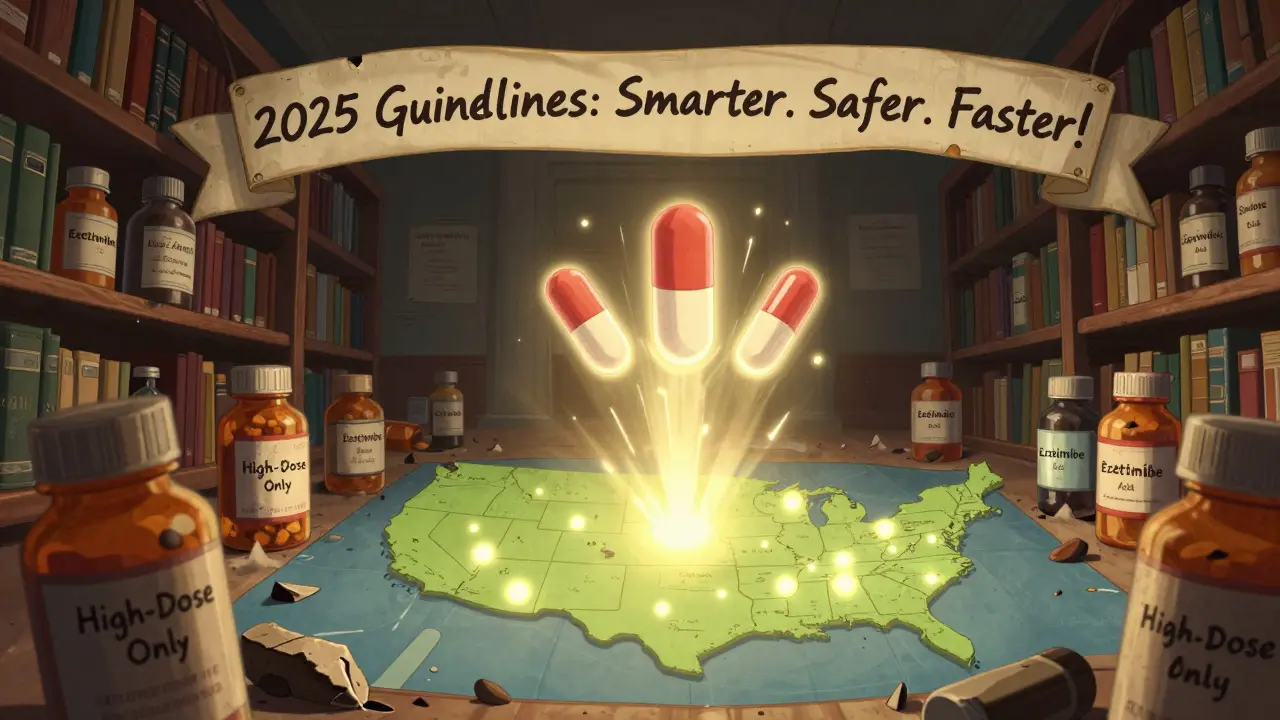 Outdated statin bottles crumbling as new combo pills rise like superheroes over a glowing U.S. map.