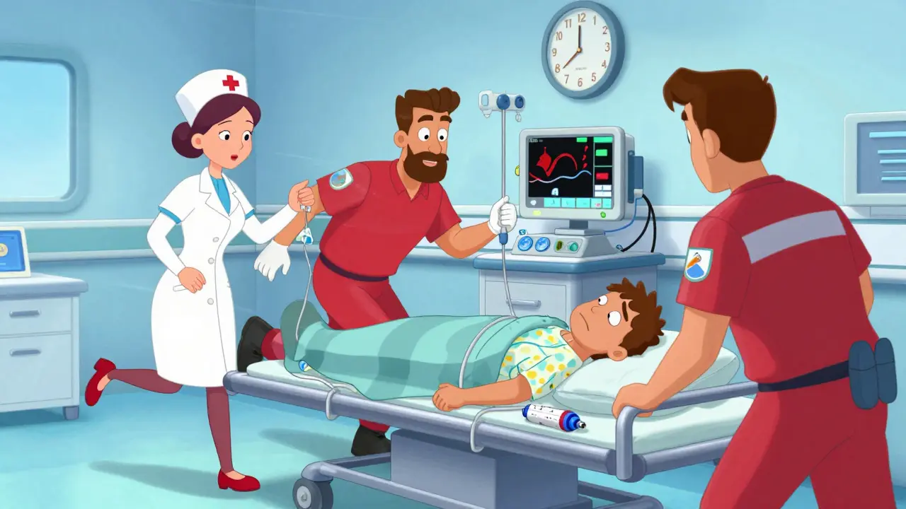 Paramedics treating a patient in an emergency bay with IV fluids and heart monitor, epinephrine auto-injector nearby.