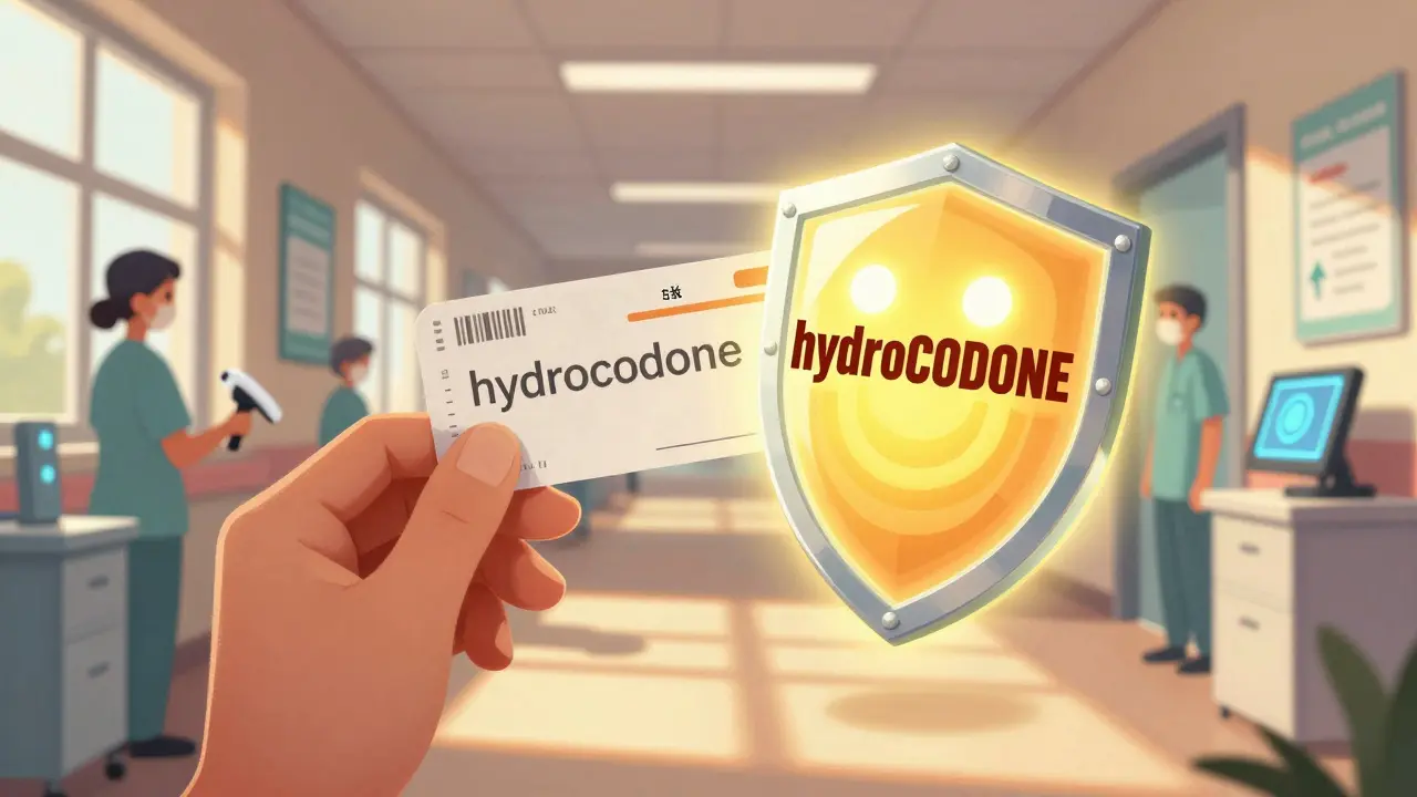 Patient holding faded label as glowing corrected version shines beside them.