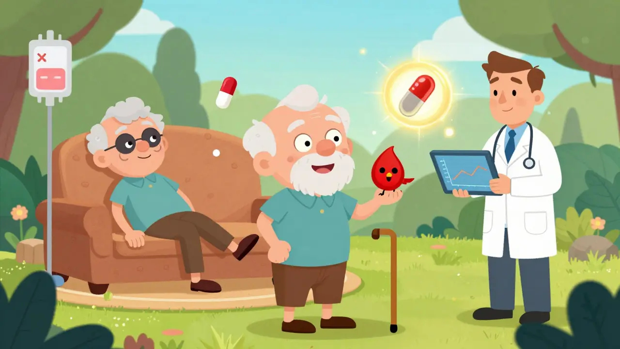 Patient smiling in garden with red blood cell pet, contrasting past fatigue with current vitality.