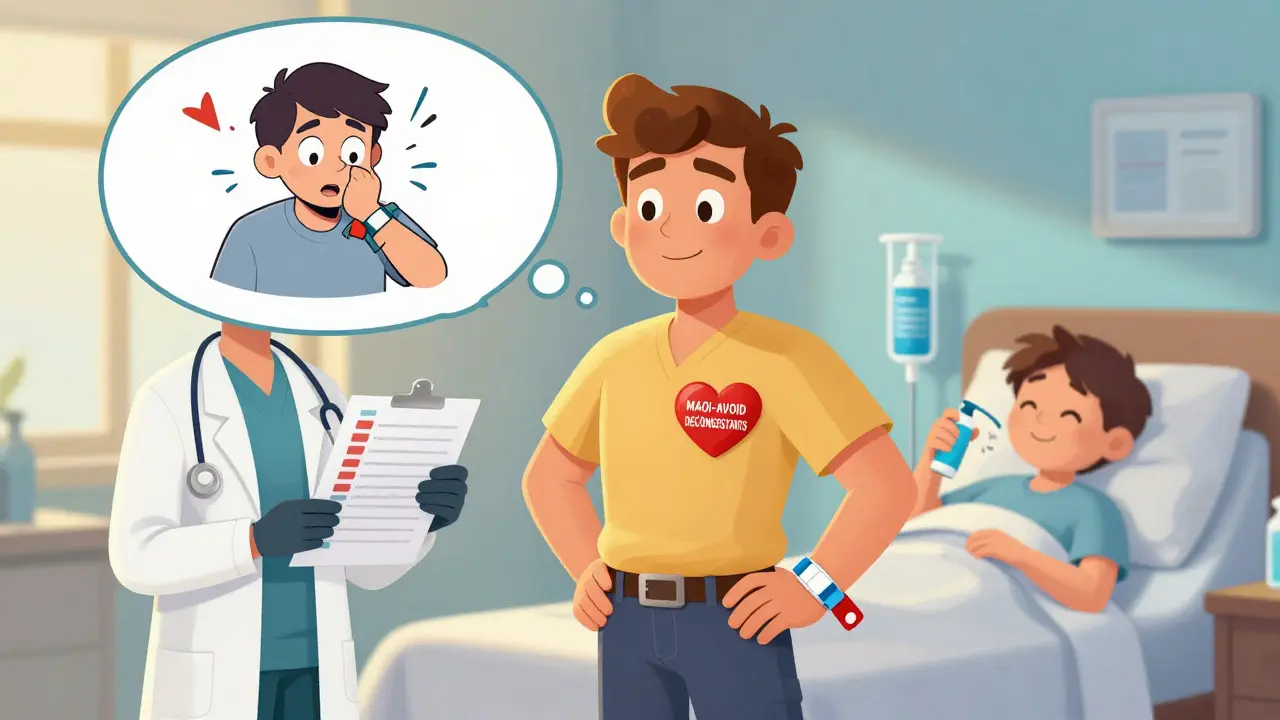 Patient with medical alert bracelet using safe remedies while a cartoon version of crisis looms behind.