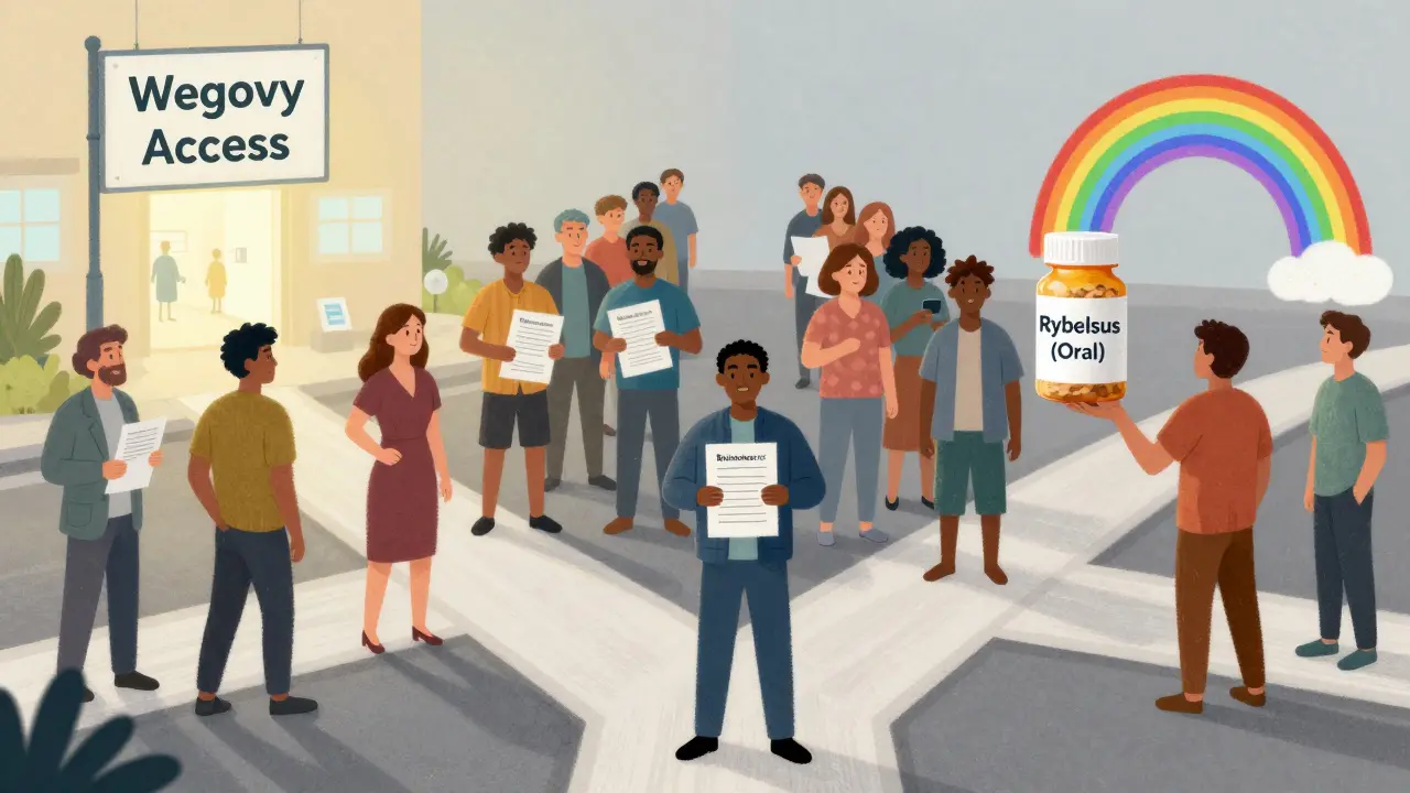 People at a crossroads facing access barriers to weight loss medication, with symbolic paths in DreamWorks illustration style.