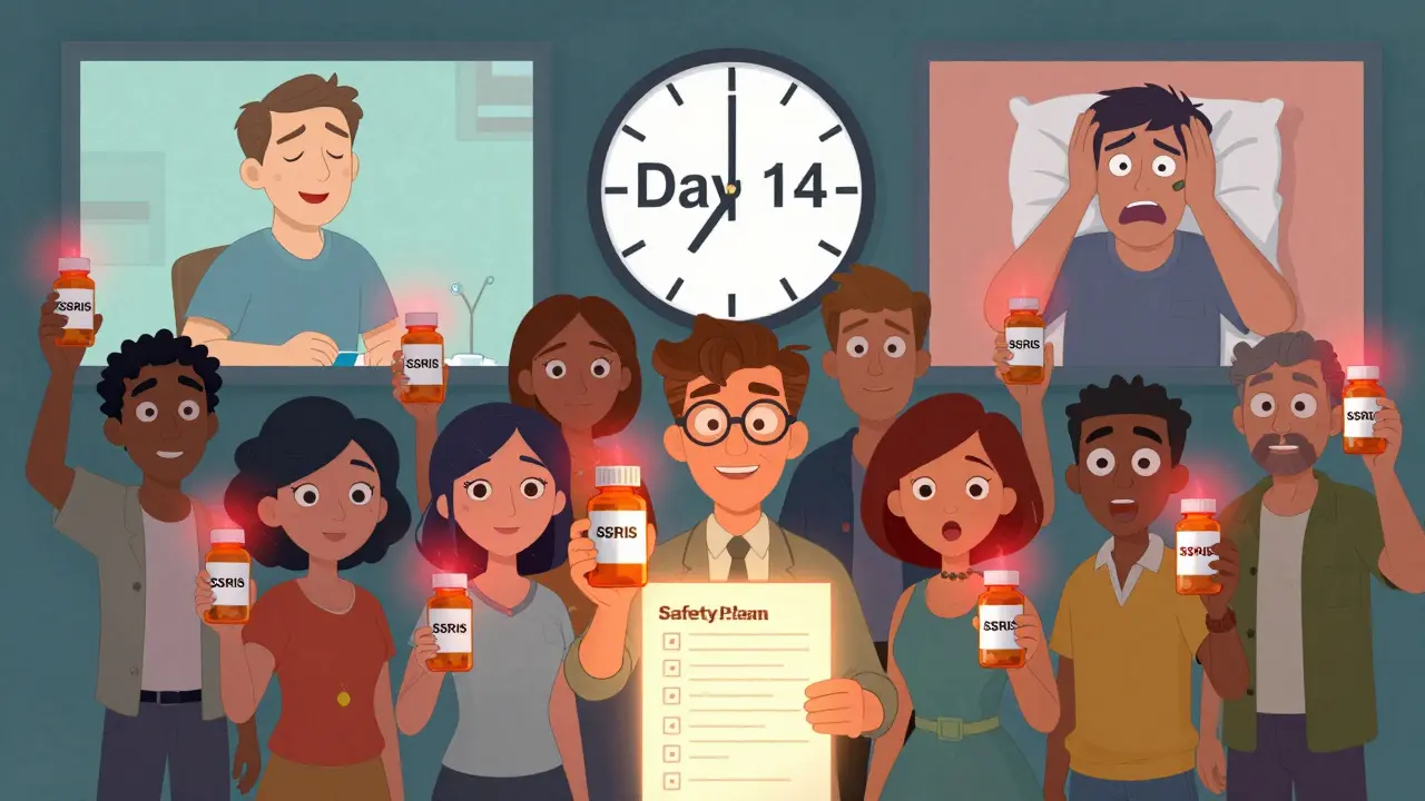 People holding medication bottles with warning lights, one side calm, the other chaotic, with a 'Day 14' clock.