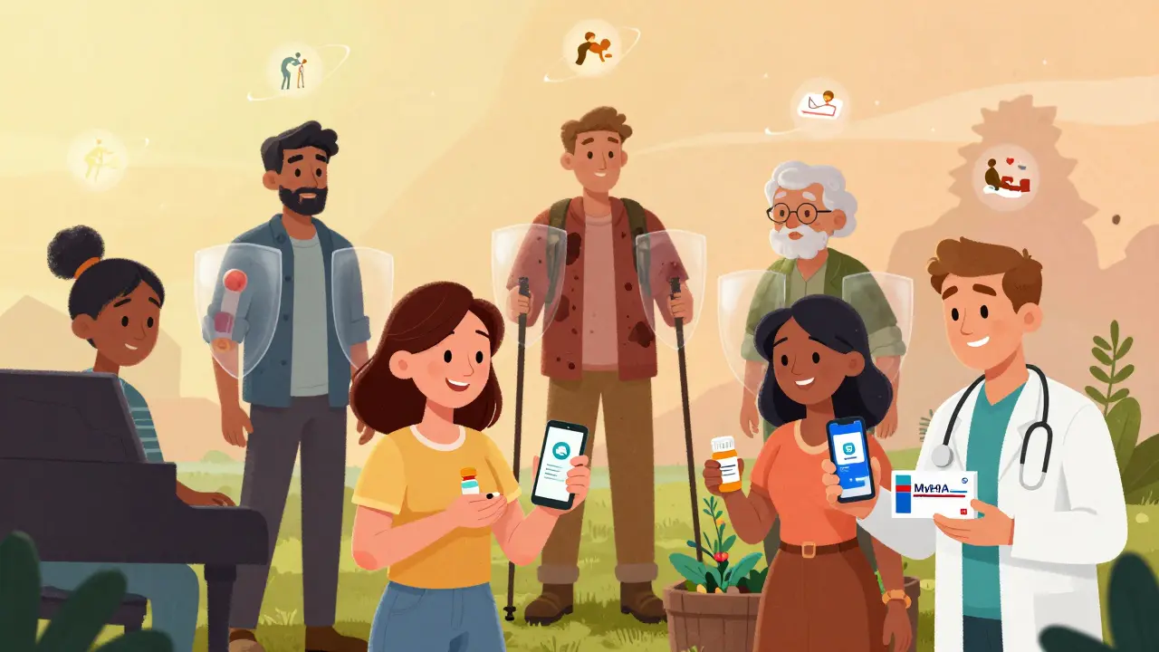 People living actively with protected joints, supported by doctors and apps in a warm, hopeful scene.