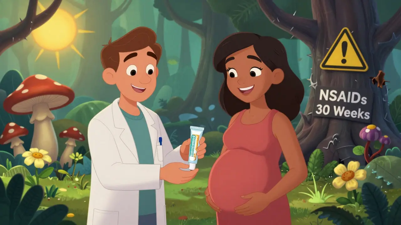 Pharmacist giving antifungal cream as safe skincare ingredients bloom in a magical forest.