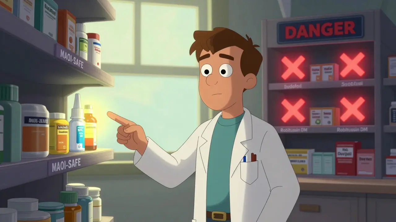 Pharmacist showing safe vs. dangerous cold medicines in a brightly lit pharmacy with glowing labels.