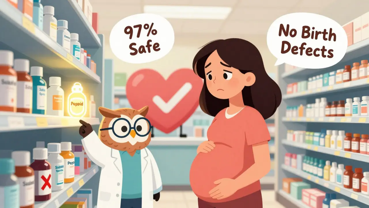 Pregnant woman in pharmacy with owl guide pointing to safe cold remedies, Sudafed marked unsafe.