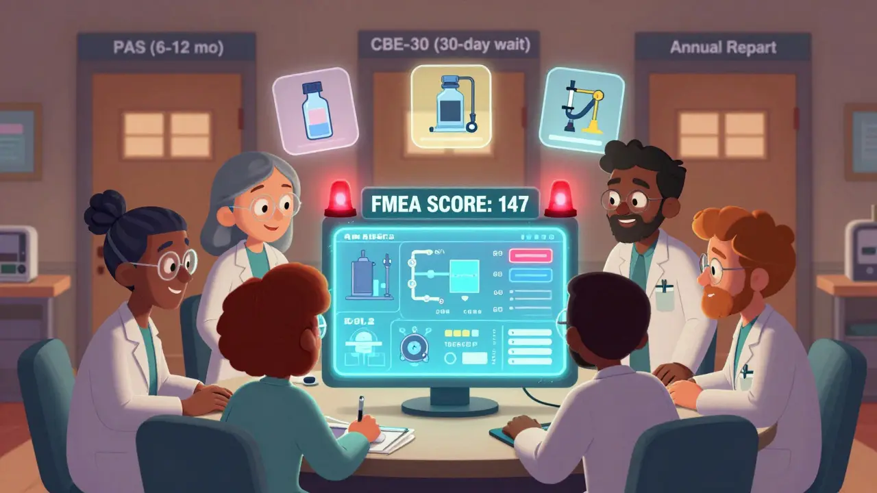 Scientists examine a glowing risk-assessment dashboard with three colored doors representing FDA change categories.