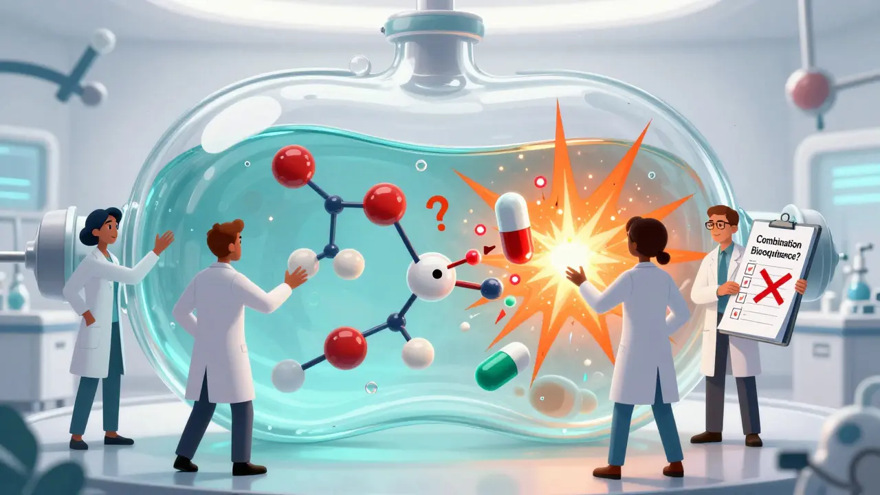 Scientists inside a transparent human body watching drug molecules collide, signaling dangerous interactions in combo therapy.