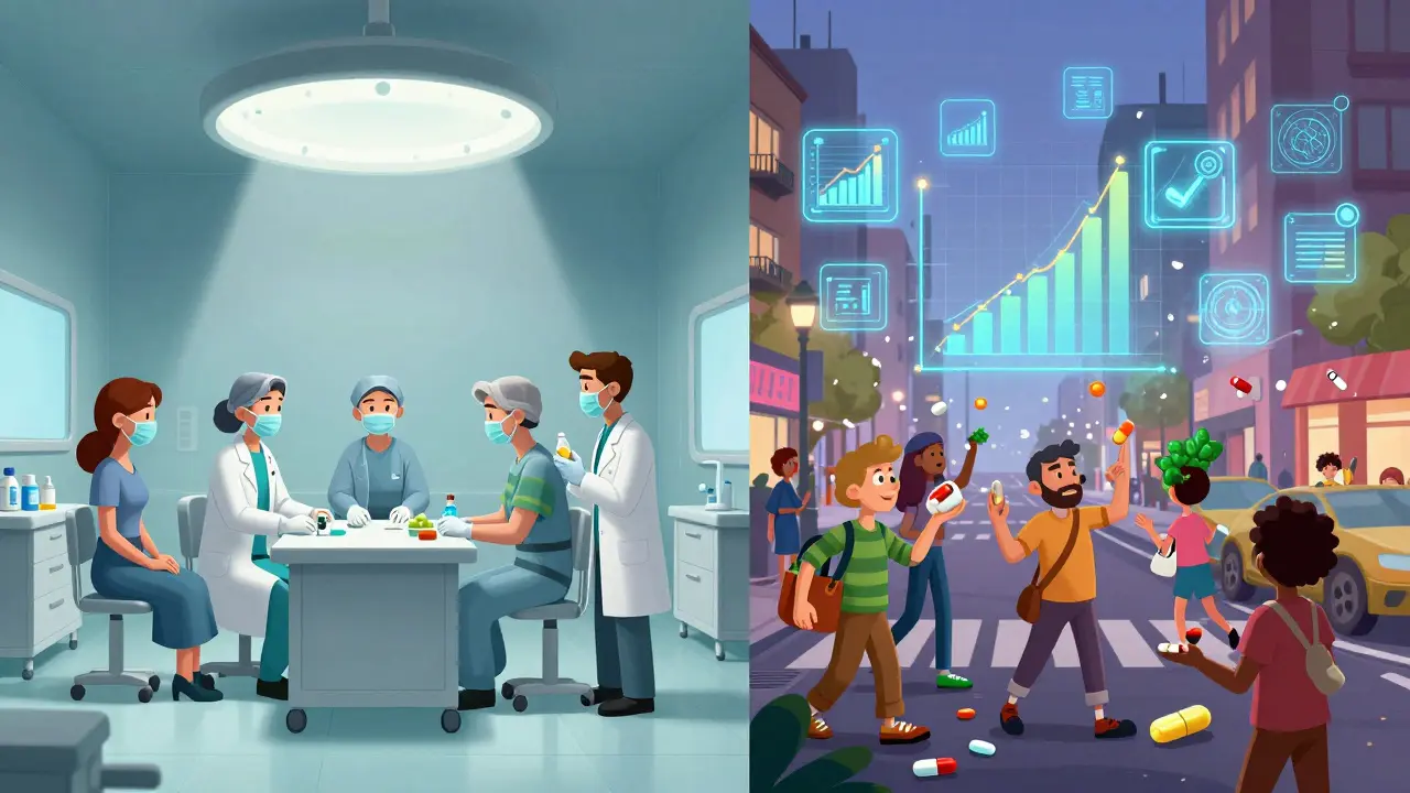 Split scene: controlled clinical trial on left, chaotic real-world medication use on right with floating data visuals.