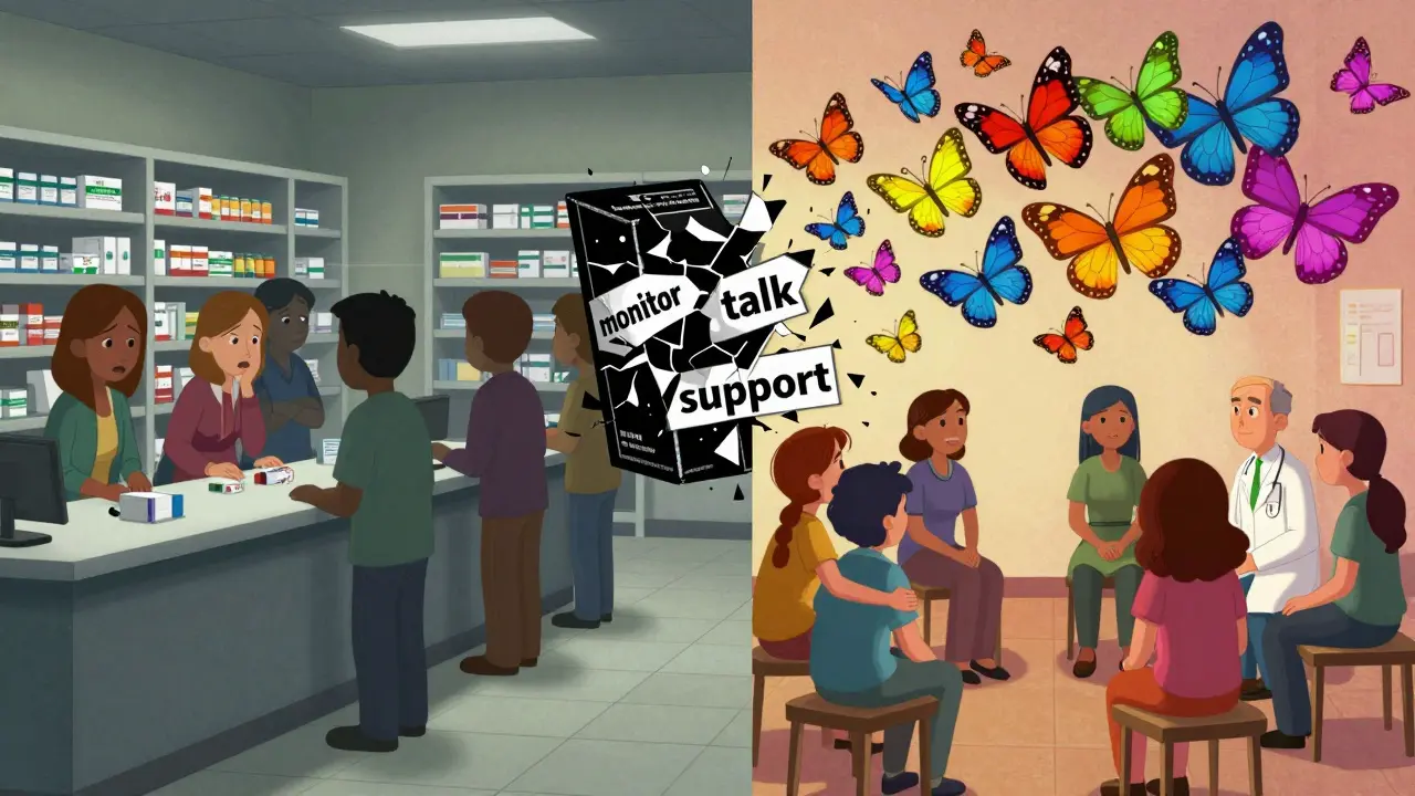 Split scene: fearful people avoiding meds on left, connected and supported on right, as a black box warning breaks into butterflies.