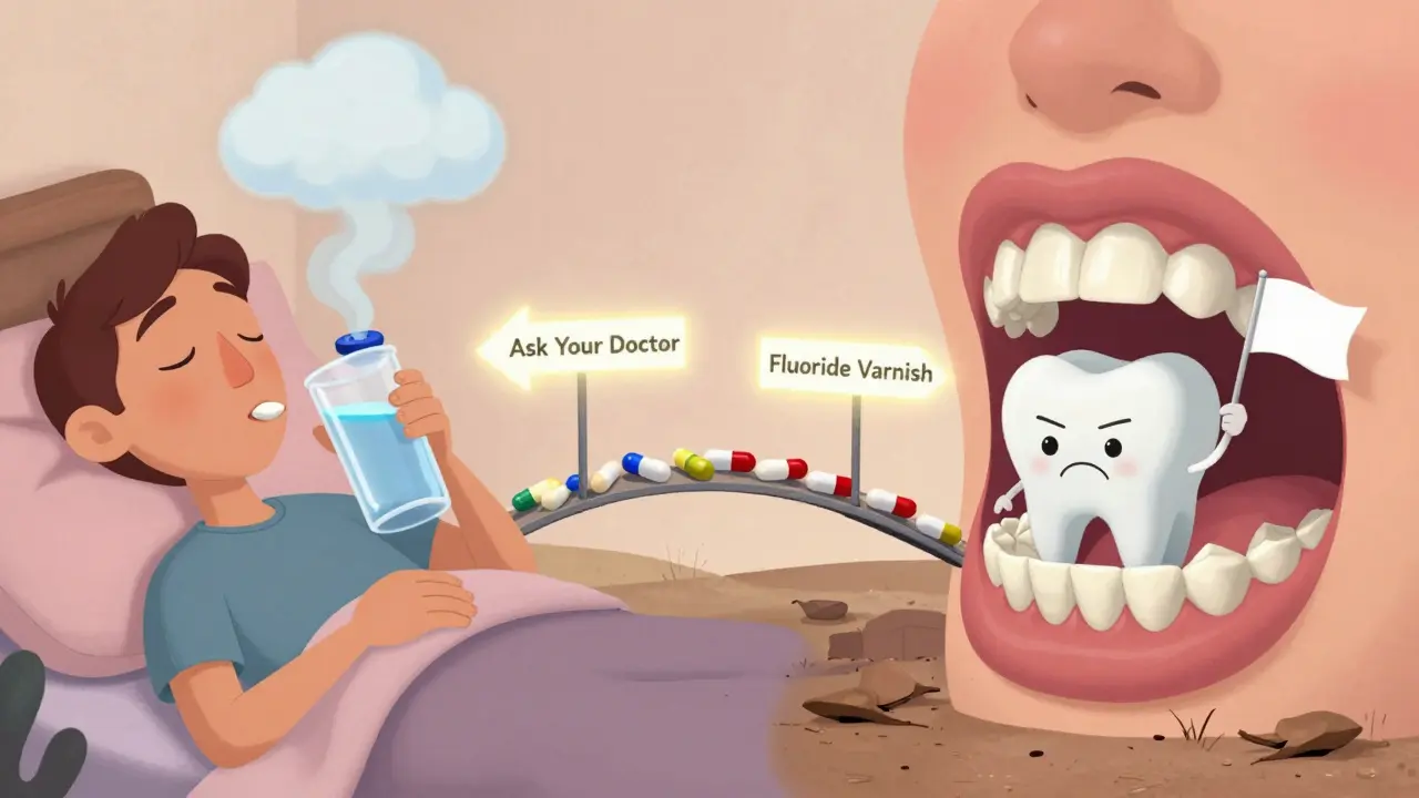 Split scene: healthy mouth with humidifier and gum vs. dry wasteland, connected by medical advice bridge.