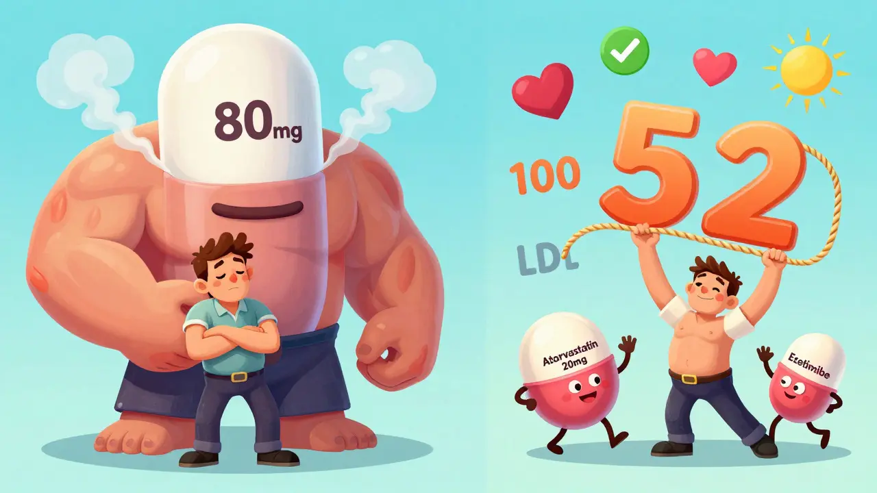 Split scene: tired patient with huge statin pill vs. relaxed patient with two friendly pills lowering LDL.