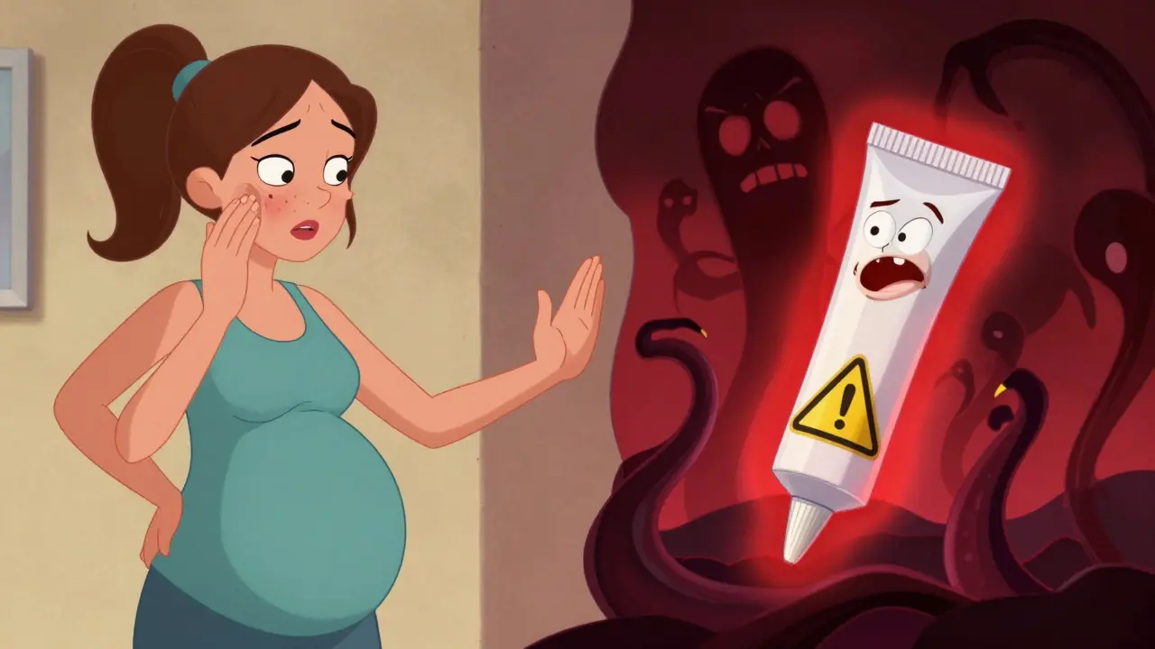 Woman choosing safe acne treatment while rejecting a dangerous retinoid tube with warning signs.