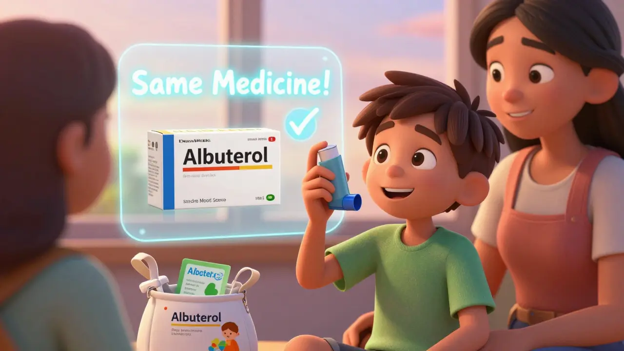 A boy proudly checking his asthma inhaler label, with a transparent overlay showing generic and brand versions are the same.
