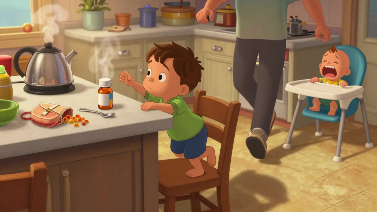 A child climbing to reach medicine on a kitchen counter while a parent rushes in.