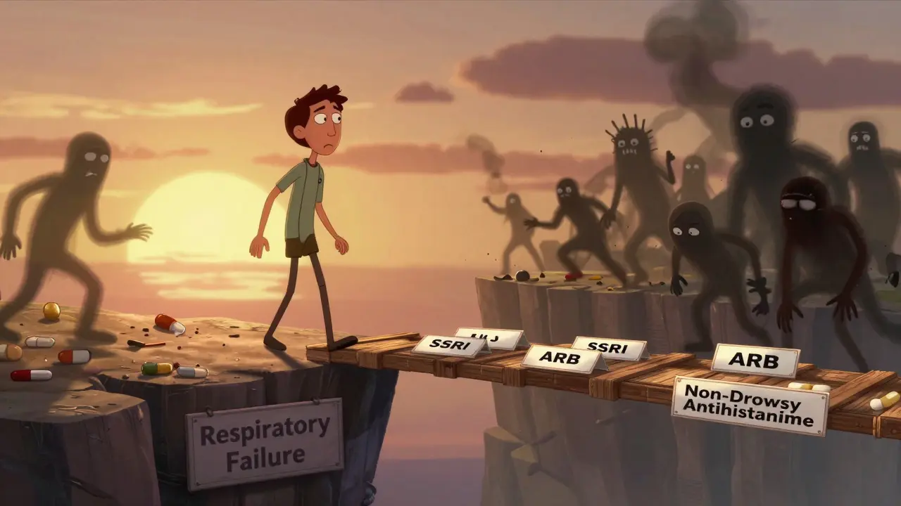 A COPD patient crossing a bridge of safe medications away from crumbling dangerous drugs, at sunrise.