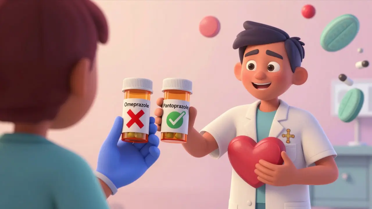 A doctor holds two bottles—one with red X, one with green check—while a patient holds a heart shield, surrounded by platelets.