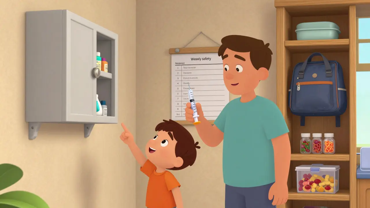A family safely storing medicine in a locked high cabinet with proper dosing tools.