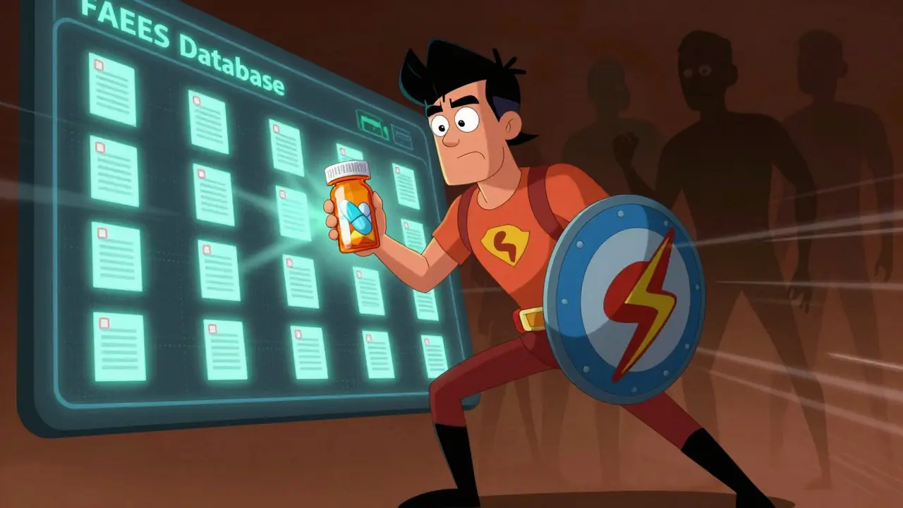 A patient submitting a report to a glowing FDA database with floating event icons.