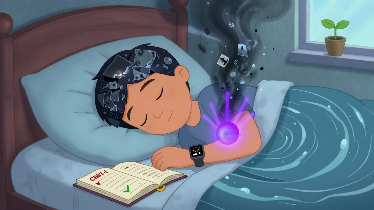 A person sleeping peacefully with an Apple Watch emitting a gentle pulse to stop nightmare storms.