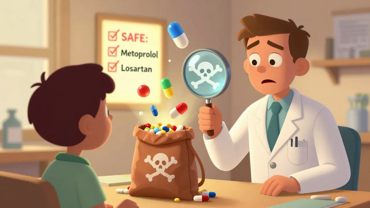 A pharmacist examining pills in a brown bag, revealing hidden dangers, with safe alternatives glowing nearby.