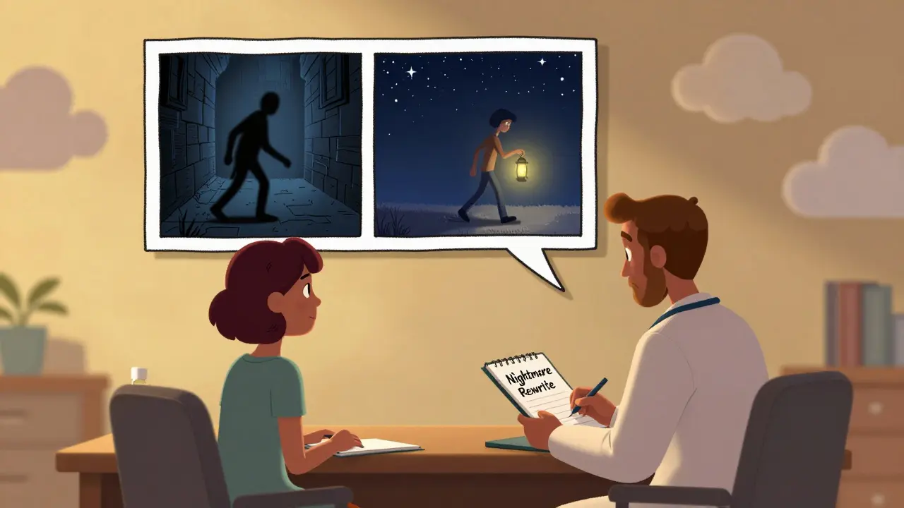 A therapist and patient together as a nightmare transforms from dark alley to peaceful starlit sky.