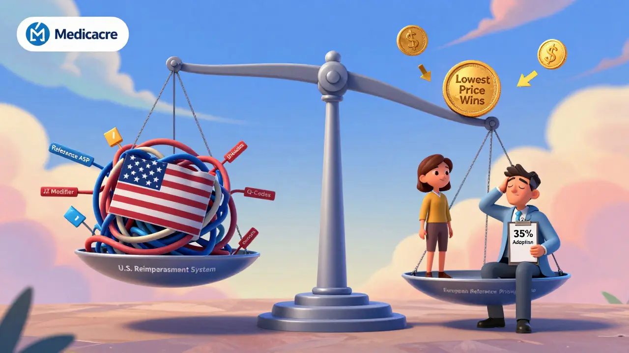 Balance scale comparing U.S. and European biosimilar reimbursement systems with patient and provider figures