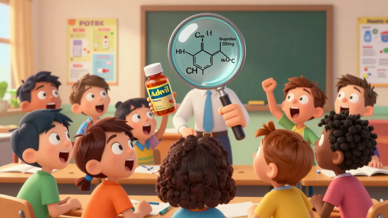 Classroom scene with teacher showing two ibuprofen bottles while kids react in awe to identical ingredient labels.