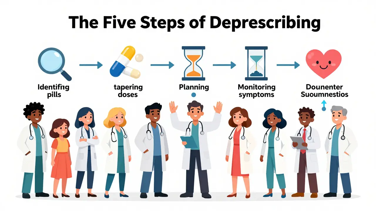 Medical team using a colorful flowchart to explain the five steps of deprescribing with cartoon characters.