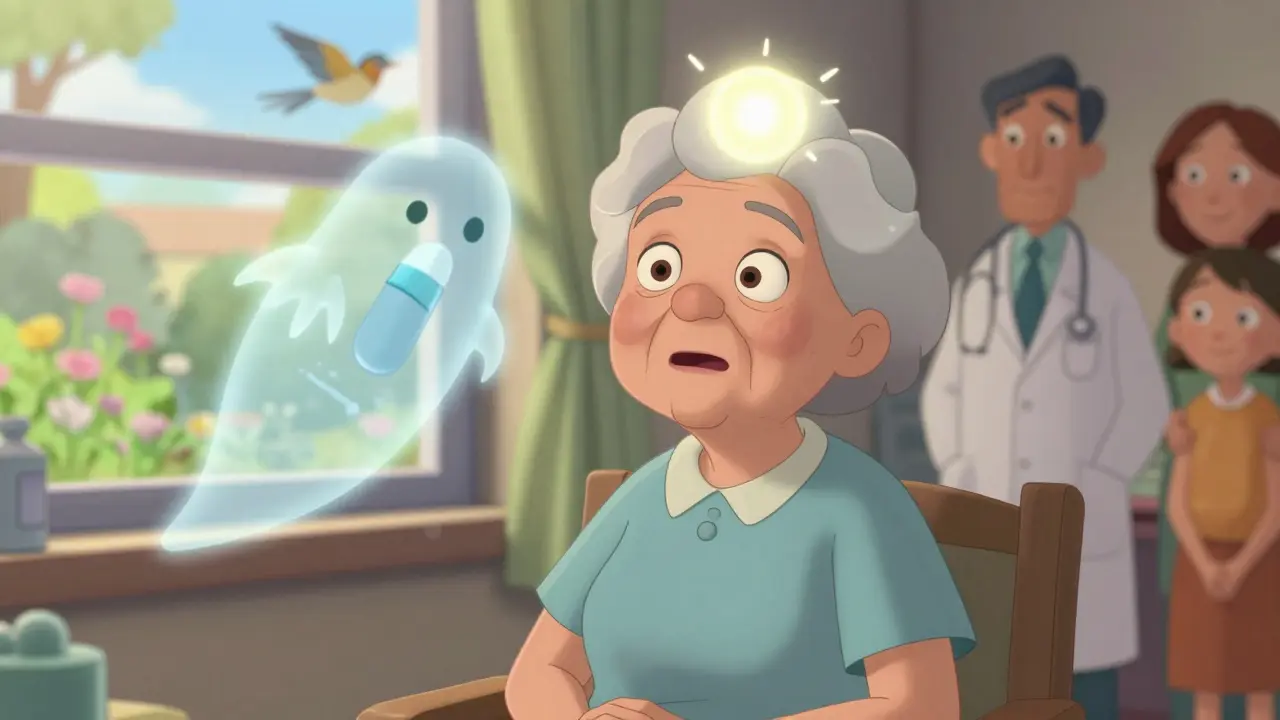 Older woman gaining mental clarity as a sedative pill fades away, sunlight streaming through window.