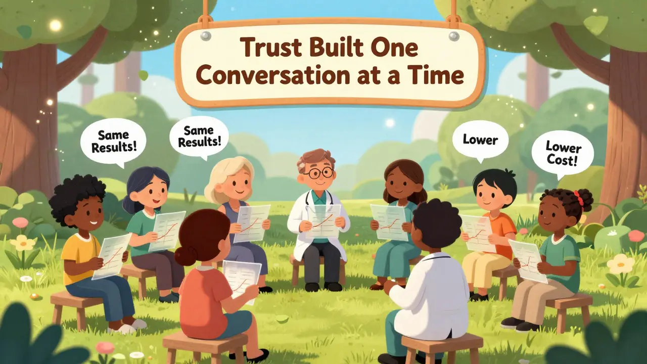 Patients and doctors gather in a park, sharing positive experiences about biosimilars with glowing data visuals.