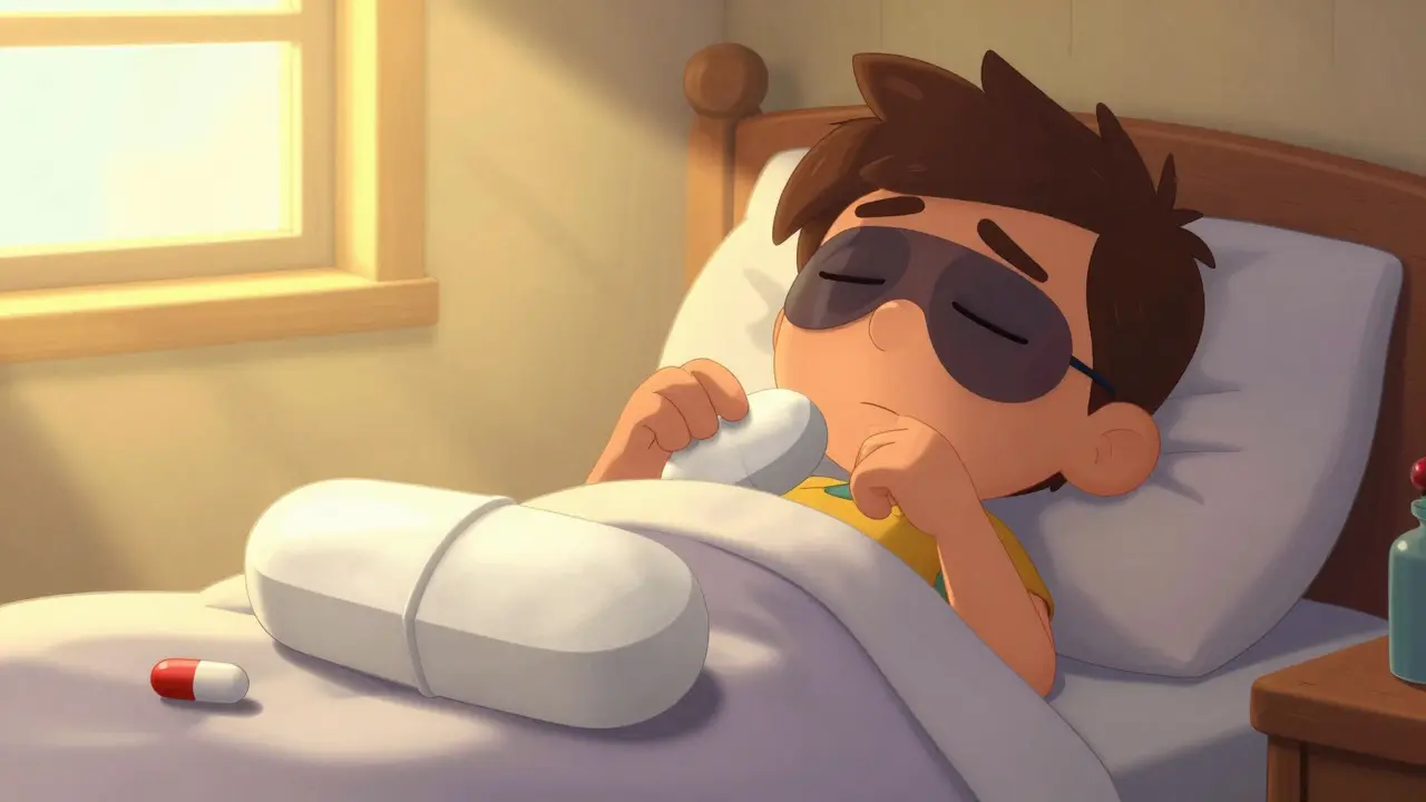 Person waking up groggy after taking too much melatonin.