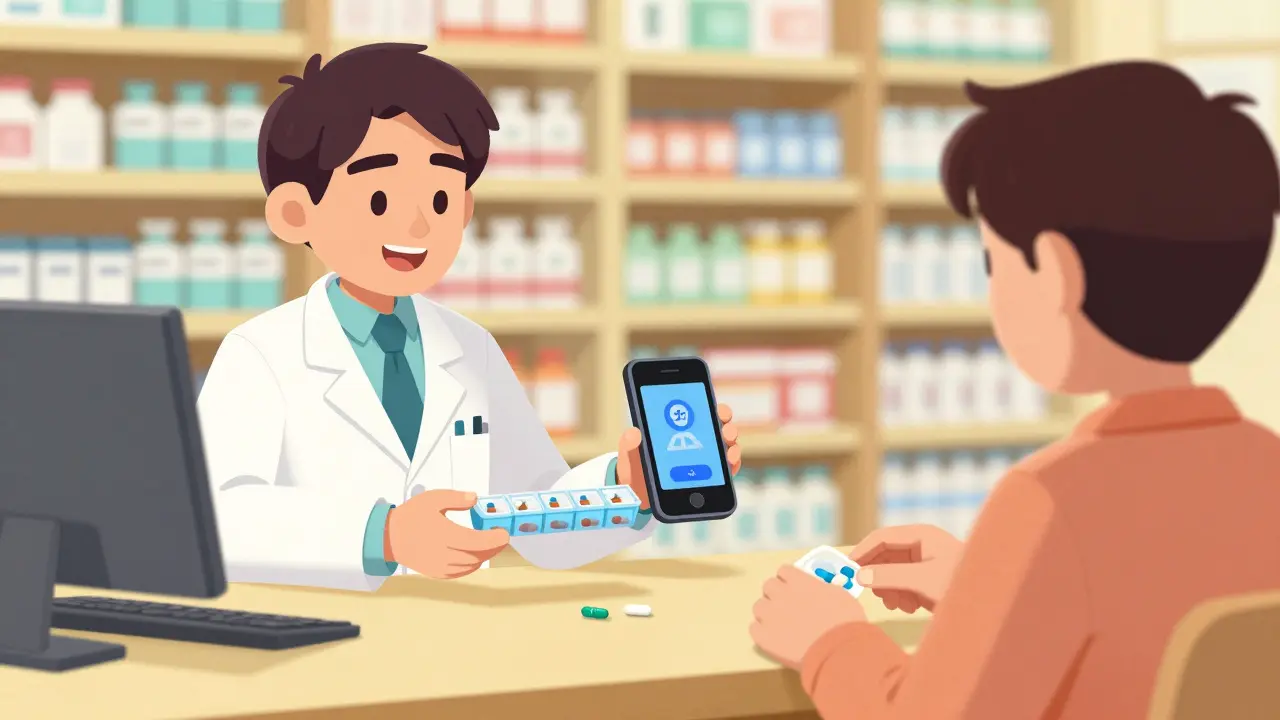 Pharmacist giving pill organizer to patient with family assistance in pharmacy