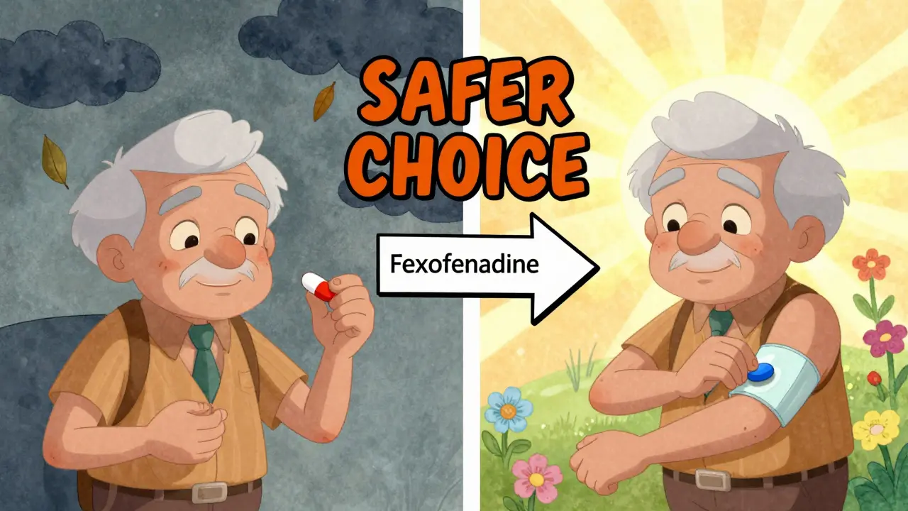 Split scene: elderly person choosing dangerous vs. safe antihistamine with symbolic lighting.