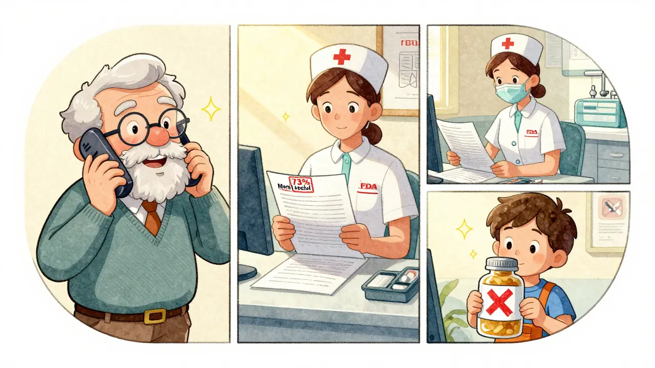 Three people reporting adverse events: a senior, a nurse, and a child, each with symbolic actions.