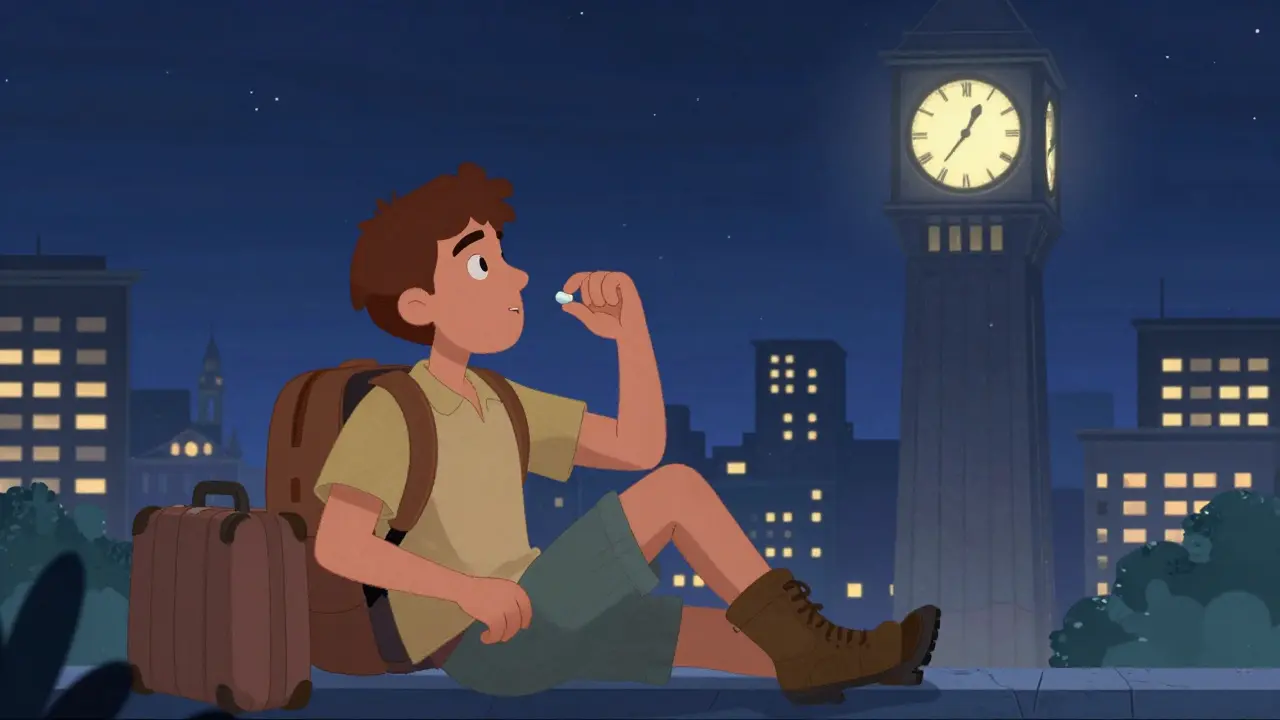 Traveler taking melatonin at destination bedtime with city skyline.