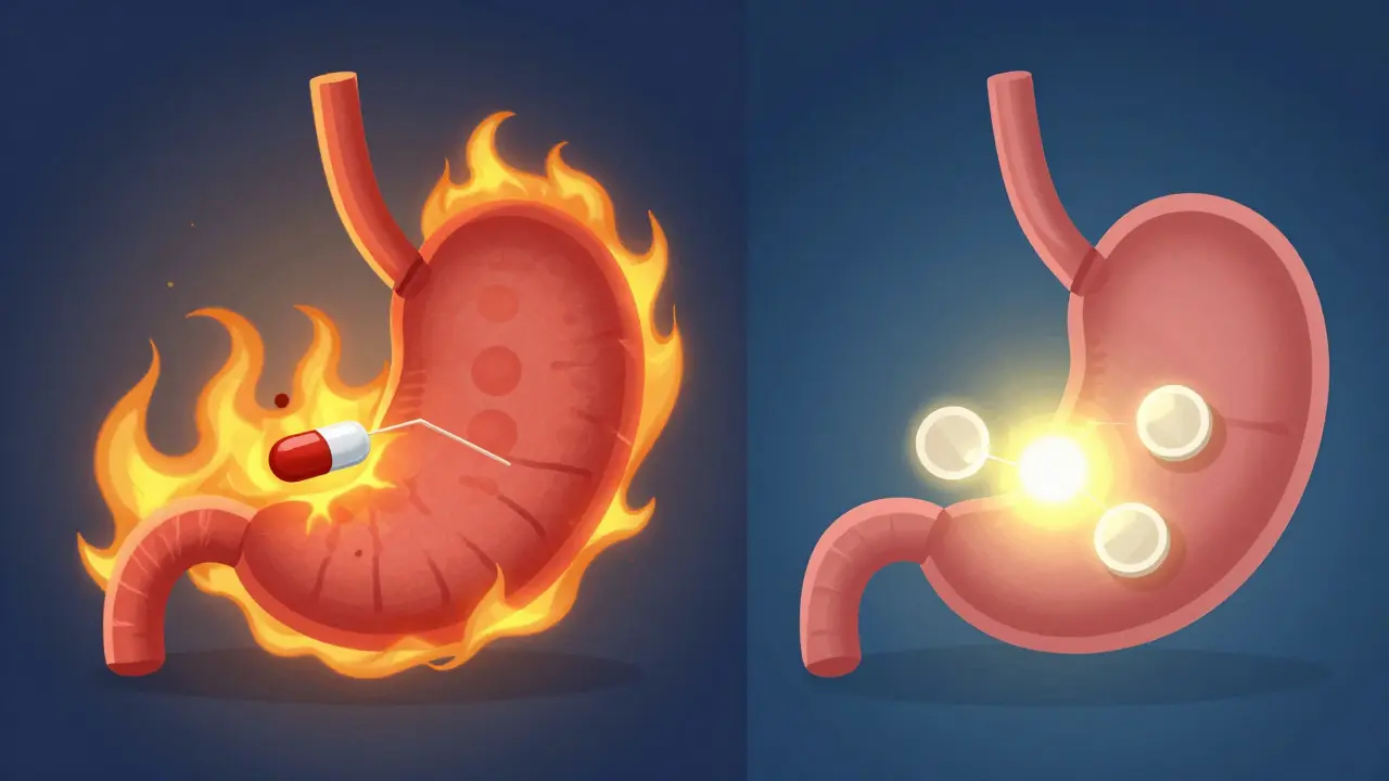 Two stomach scenes: one with blocked enzyme and dim clopidogrel, another with clear activation and glowing platelet shields.