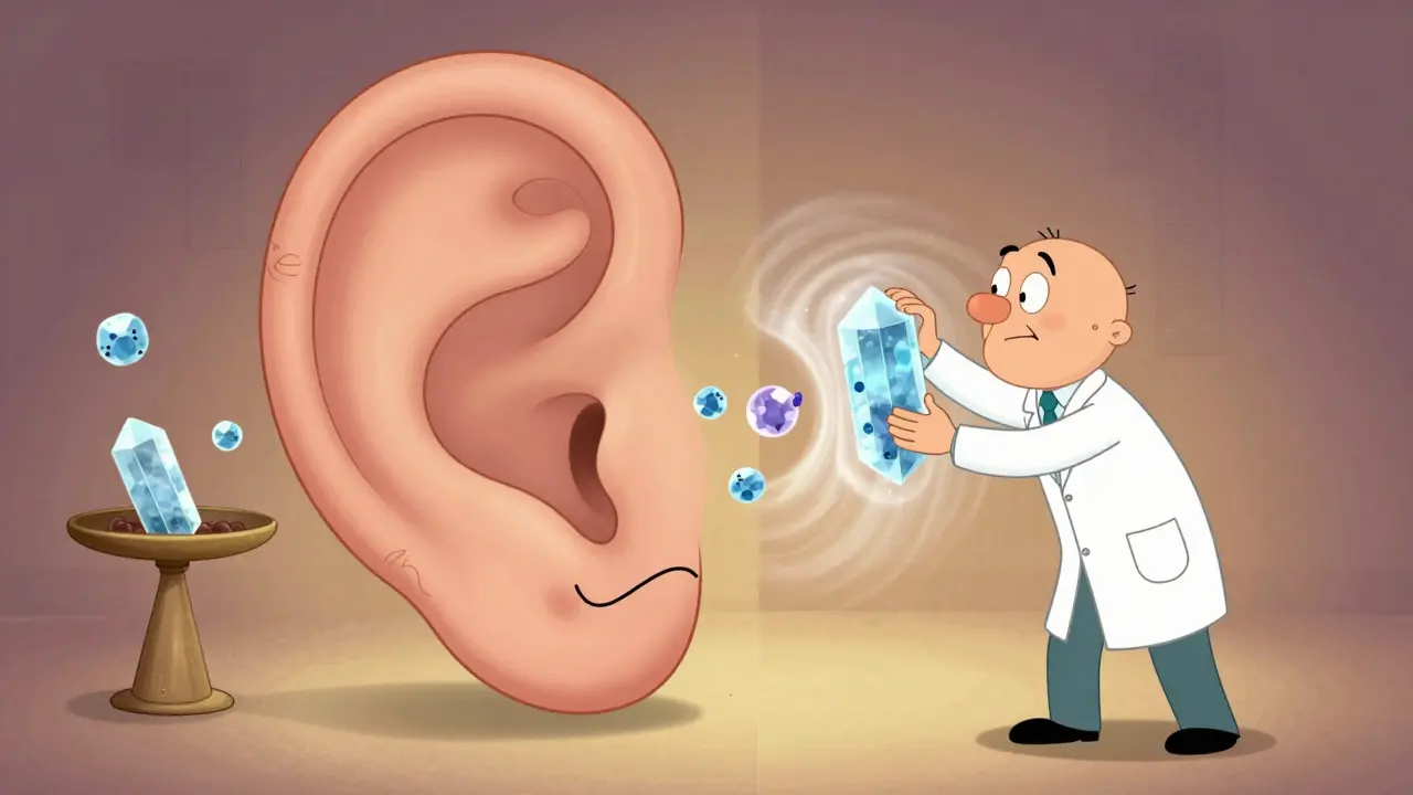 A cartoon inner ear with floating calcium crystals causing vertigo, while a doctor performs the Epley maneuver.