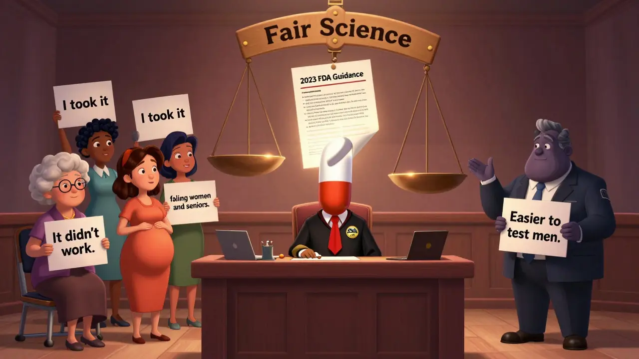 A courtroom scene where a generic drug is on trial for not working for women and seniors.