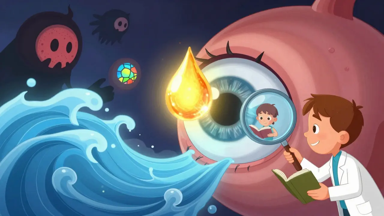 A golden steroid drop calms eye inflammation, dissolving threats like cataracts, revealing clear vision of a child reading.