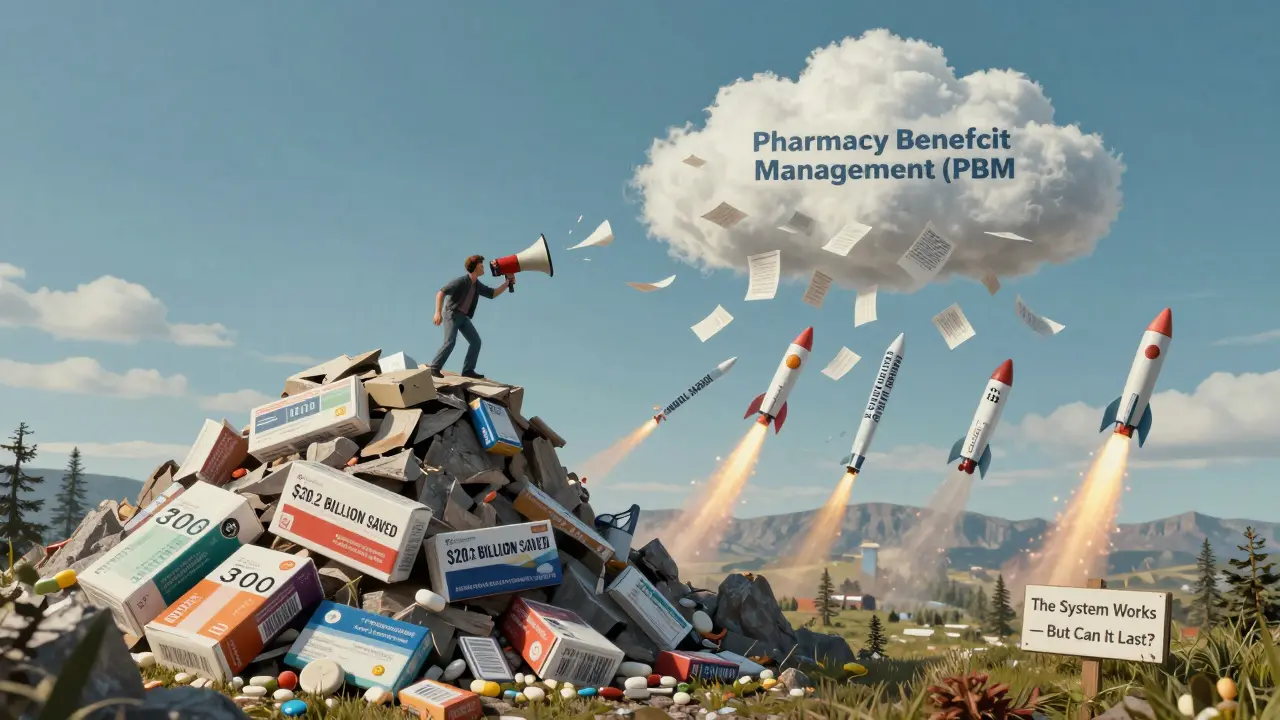 A mountain of expensive brand drugs collapses into a valley of affordable generics, with biosimilars launching into the sky.