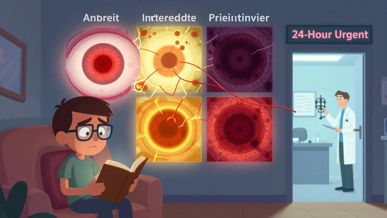 A person ignoring eye symptoms while a stylized eye splits into four uveitis types, leading to a clinic with urgent sign.