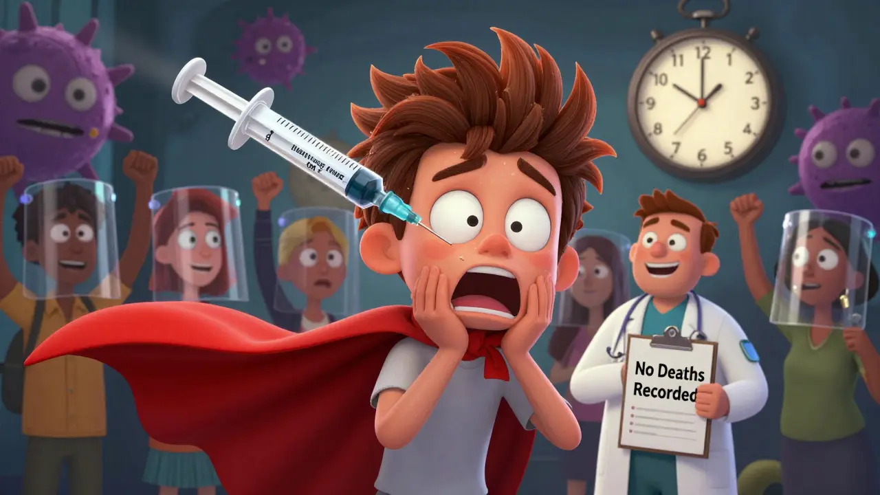 A person reacting to a vaccine as epinephrine rushes in, with a doctor reassuring everyone — no deaths recorded.