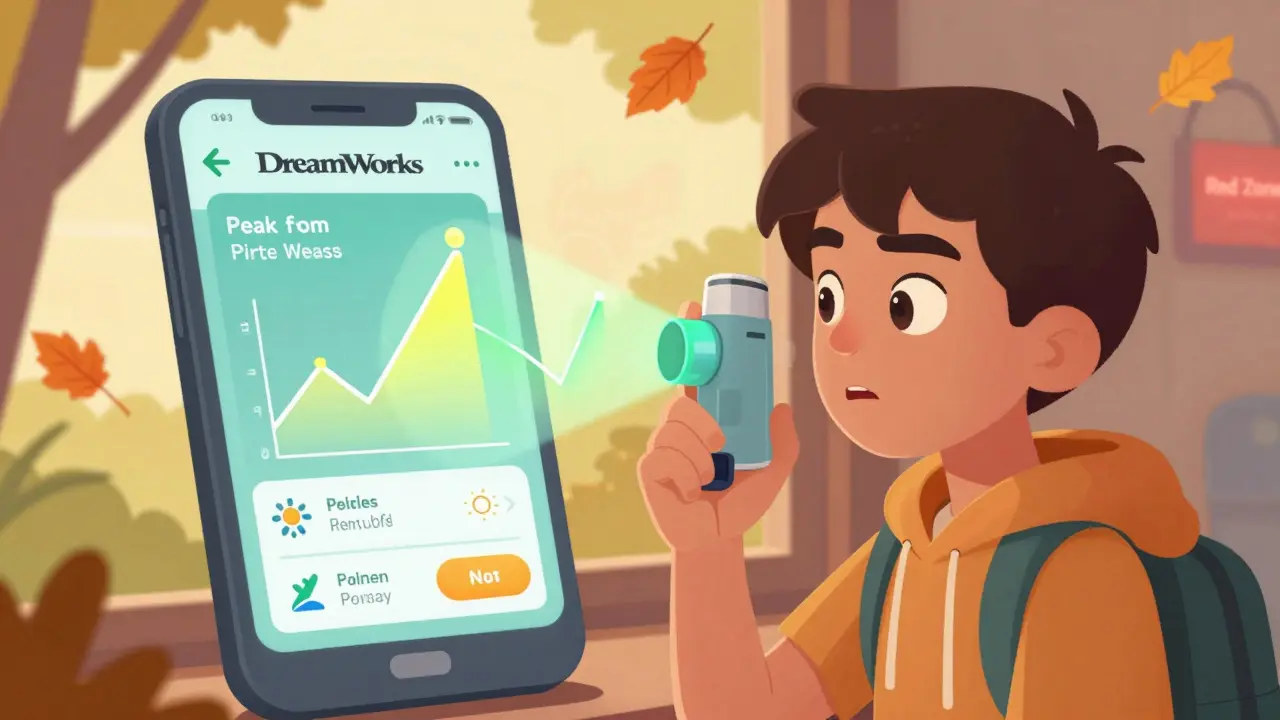 A teen uses a smart inhaler with floating digital graphs showing improved lung function, while weather alerts appear on a phone screen.