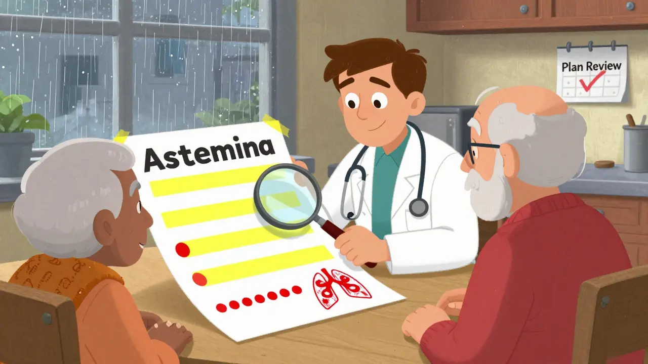 An elderly patient and doctor review a pattern-based asthma plan with stripes and dots, avoiding color reliance, in a cozy kitchen setting.