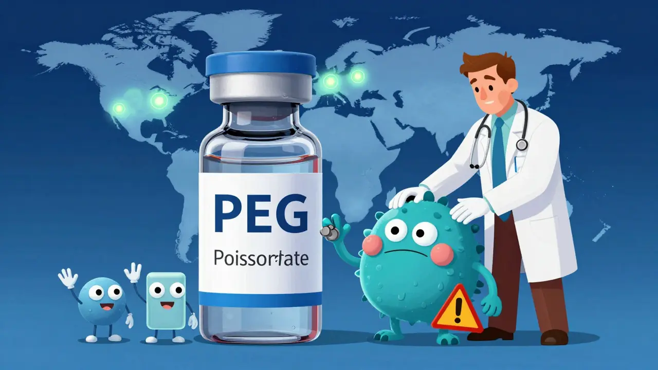 Cartoon ingredients of a vaccine being tamed by a superhero doctor, with global monitoring systems glowing in the background.